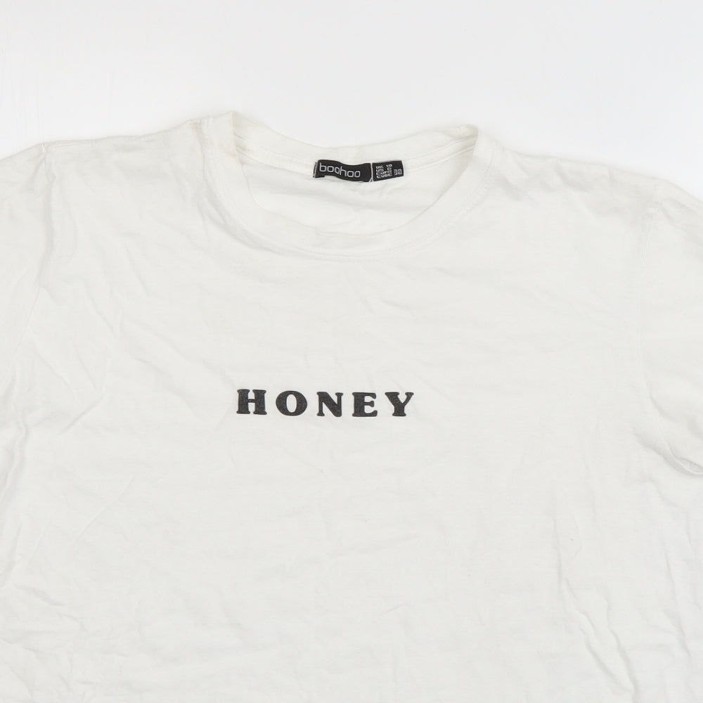 Boohoo Womens White  Cotton Basic T-Shirt Size 10 Roll Neck - Honey
