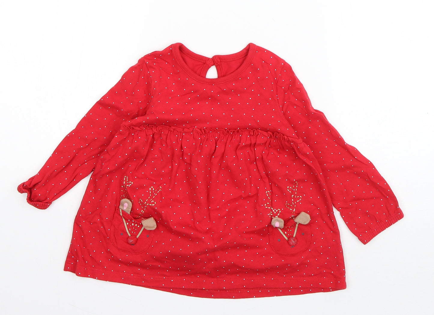 F&F Girls Red Polka Dot Cotton Basic T-Shirt Size 12-18 Months Round Neck Pullover - Rudolph