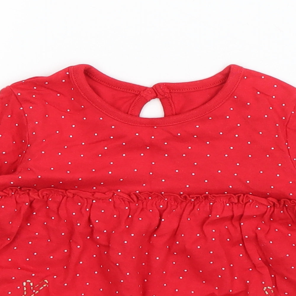 F&F Girls Red Polka Dot Cotton Basic T-Shirt Size 12-18 Months Round Neck Pullover - Rudolph