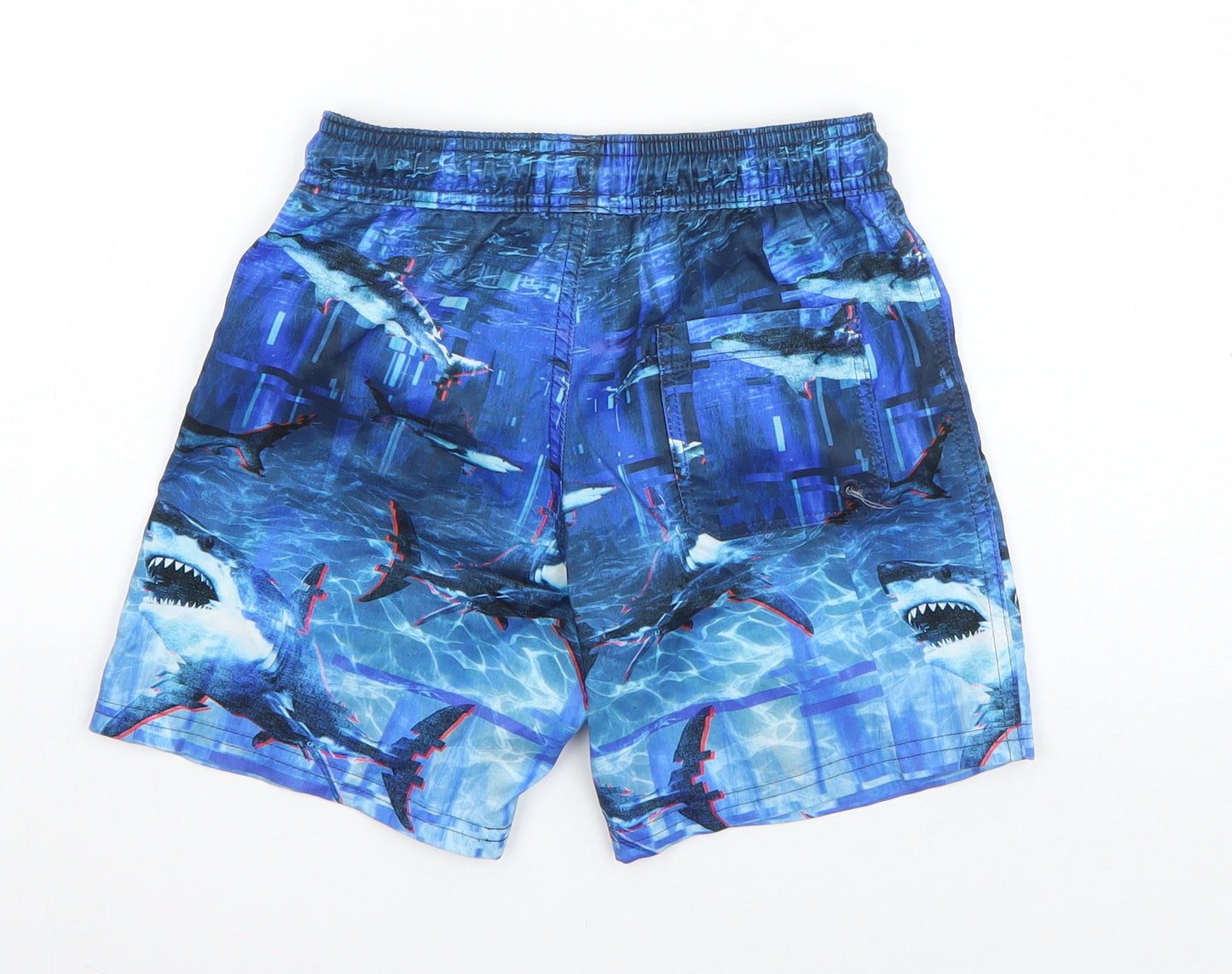 Marks and Spencer Boys Blue Geometric Polyester Sweat Shorts Size 7-8 Years  Regular Drawstring - Shark