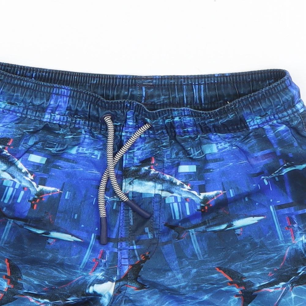 Marks and Spencer Boys Blue Geometric Polyester Sweat Shorts Size 7-8 Years  Regular Drawstring - Shark