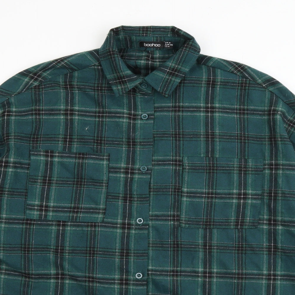 Boohoo Womens Green Plaid Cotton Basic Button-Up Size 8 Collared