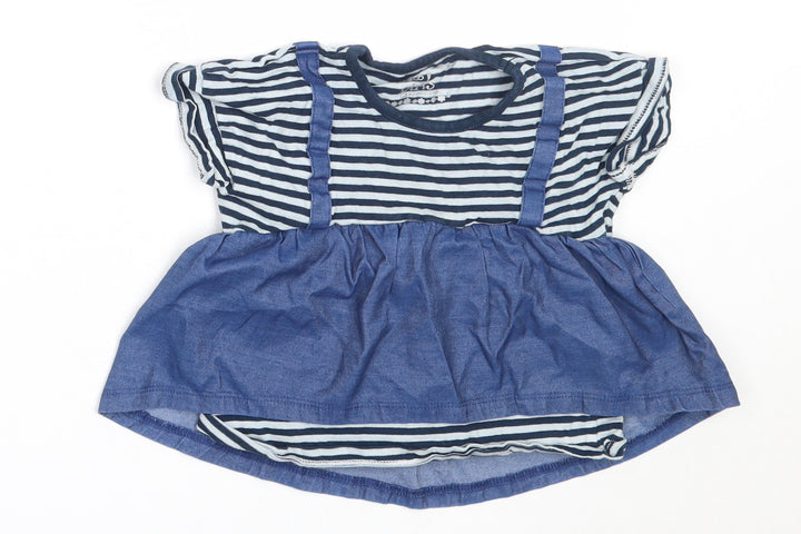 Pep&Co Girls Blue Striped Cotton Basic T-Shirt Size 2-3 Years Round Neck