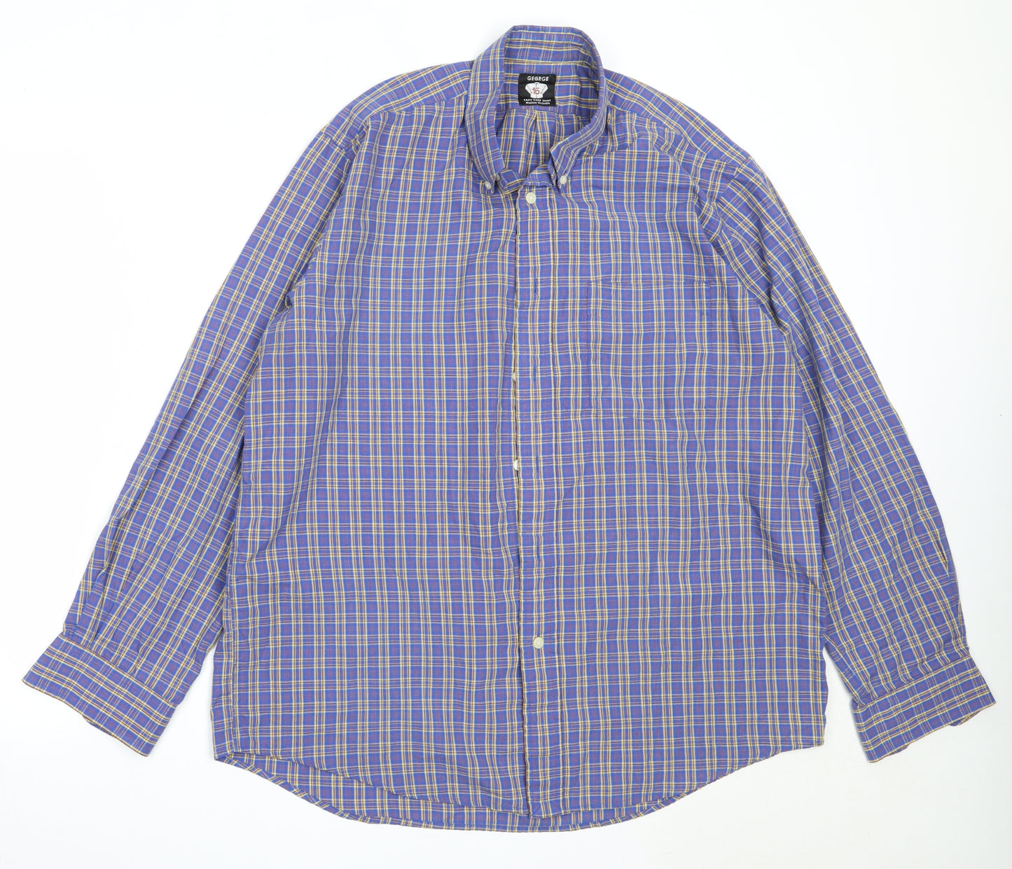 George Mens Blue Check Polyester  Button-Up Size 16 Collared