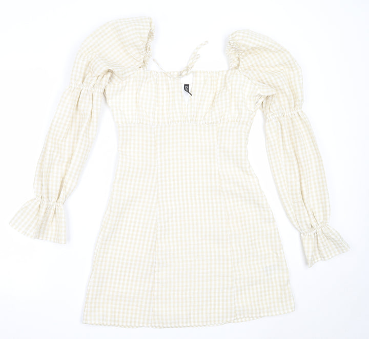 H&M Womens Beige Check Polyester Shift  Size 38  Square Neck
