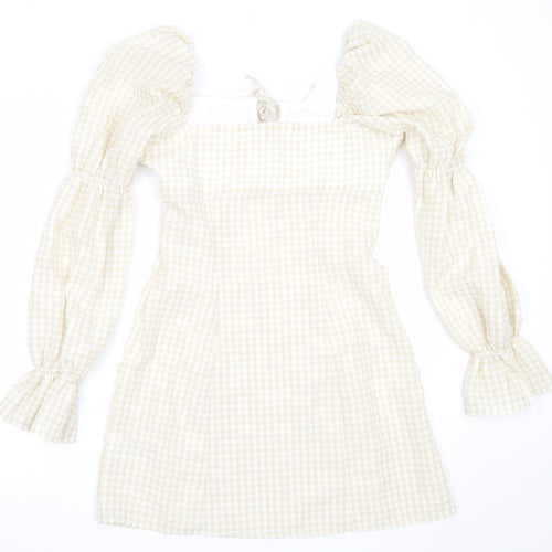 H&M Womens Beige Check Polyester Shift  Size 38  Square Neck