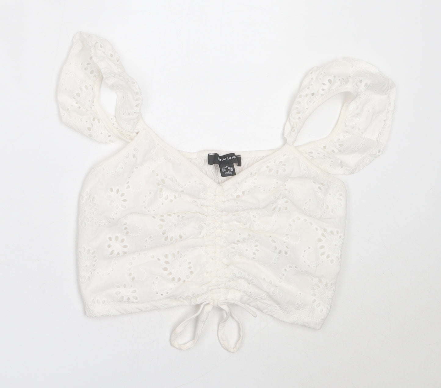 Primark Womens White  Cotton Cropped Blouse Size M V-Neck