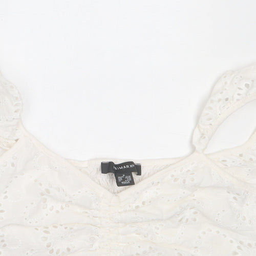 Primark Womens White  Cotton Cropped Blouse Size M V-Neck