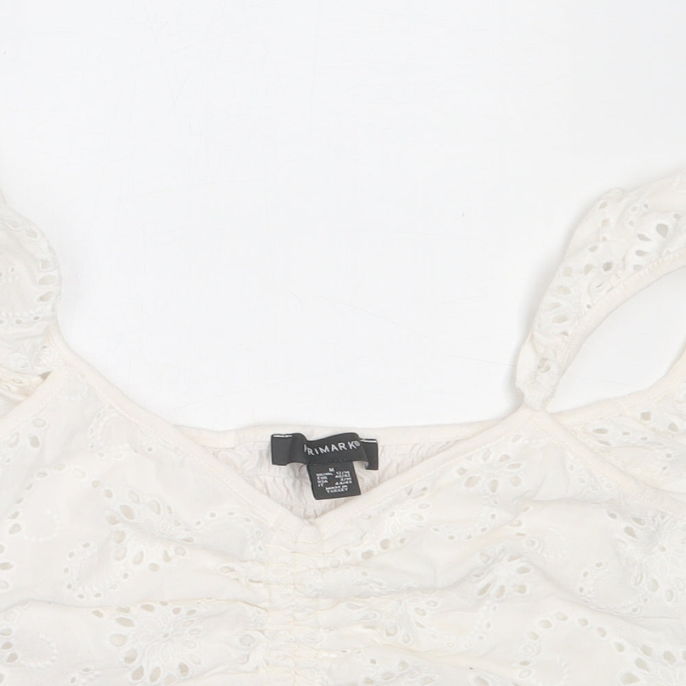 Primark Womens White  Cotton Cropped Blouse Size M V-Neck
