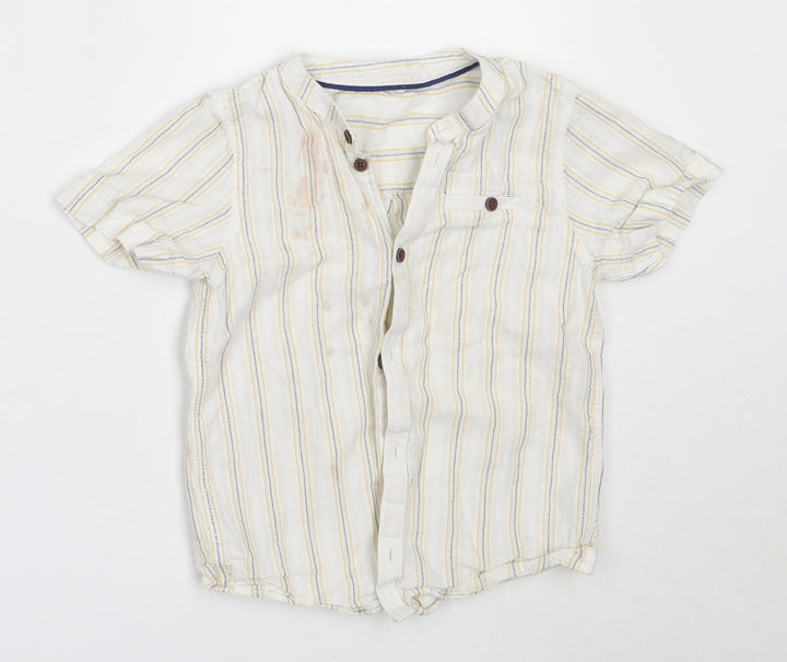 Matalan Boys Ivory Striped Cotton Basic Button-Up Size 4-5 Years Round Neck