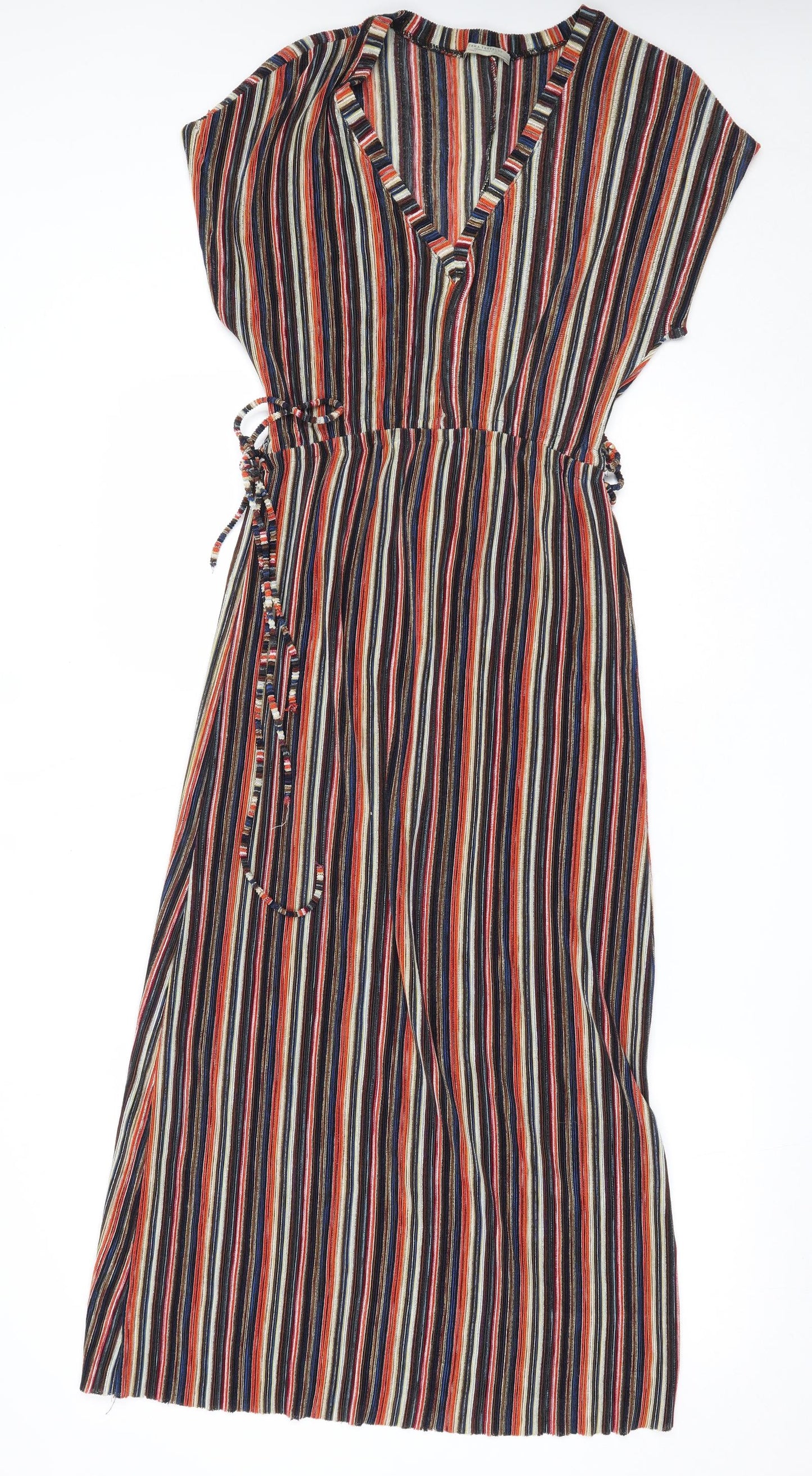 Zara Womens Orange Striped Viscose Fit & Flare  Size M  V-Neck