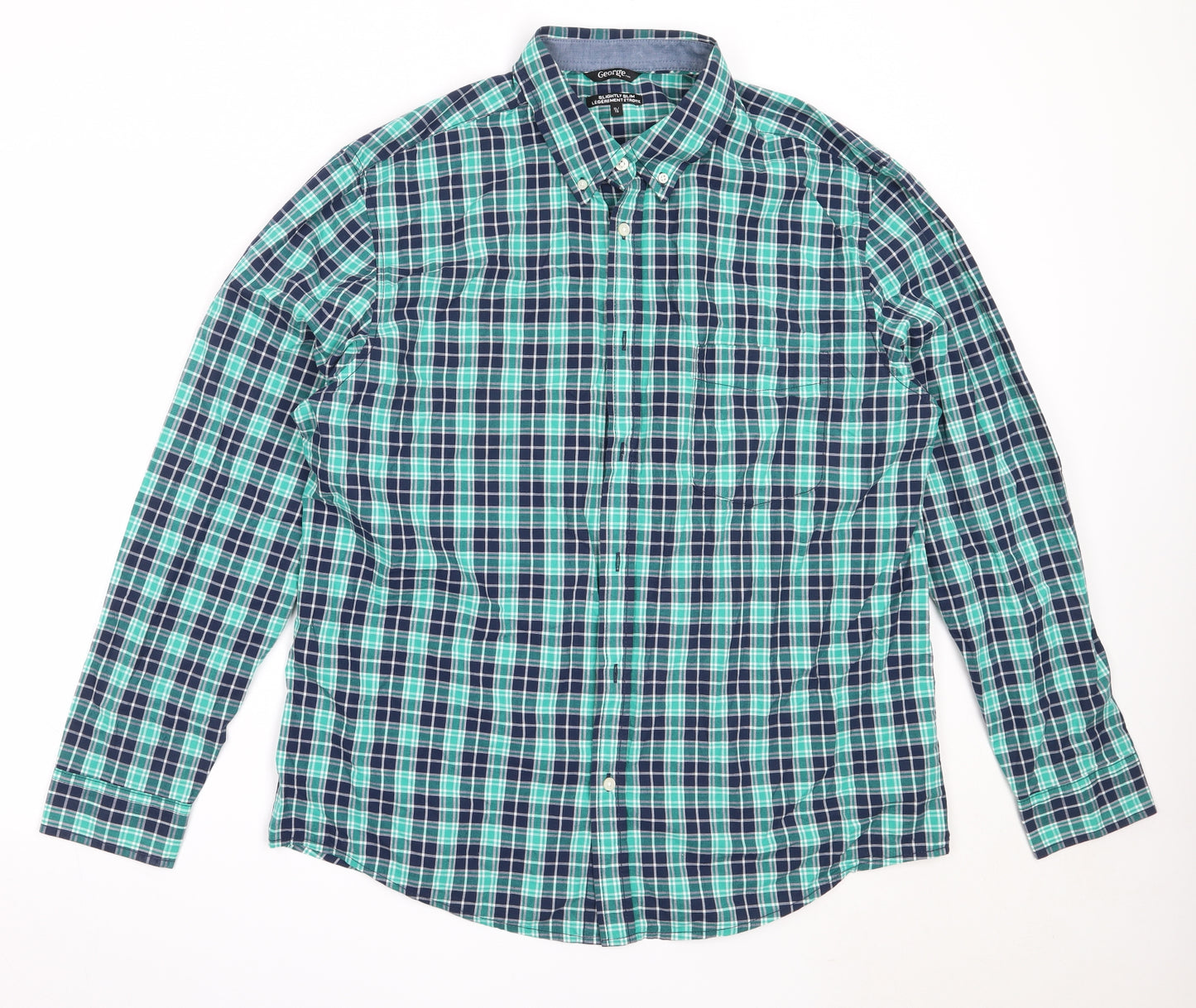 George Mens Green Check Cotton  Button-Up Size XL Collared