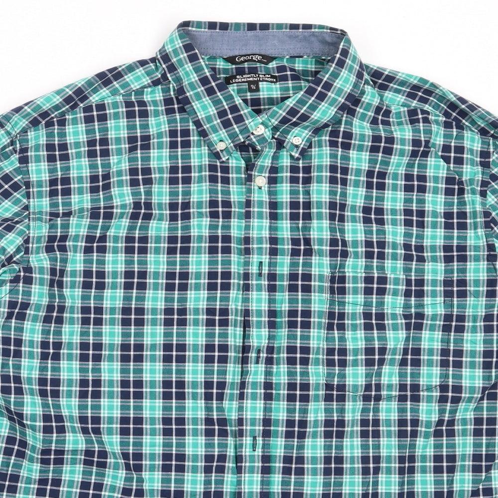 George Mens Green Check Cotton  Button-Up Size XL Collared