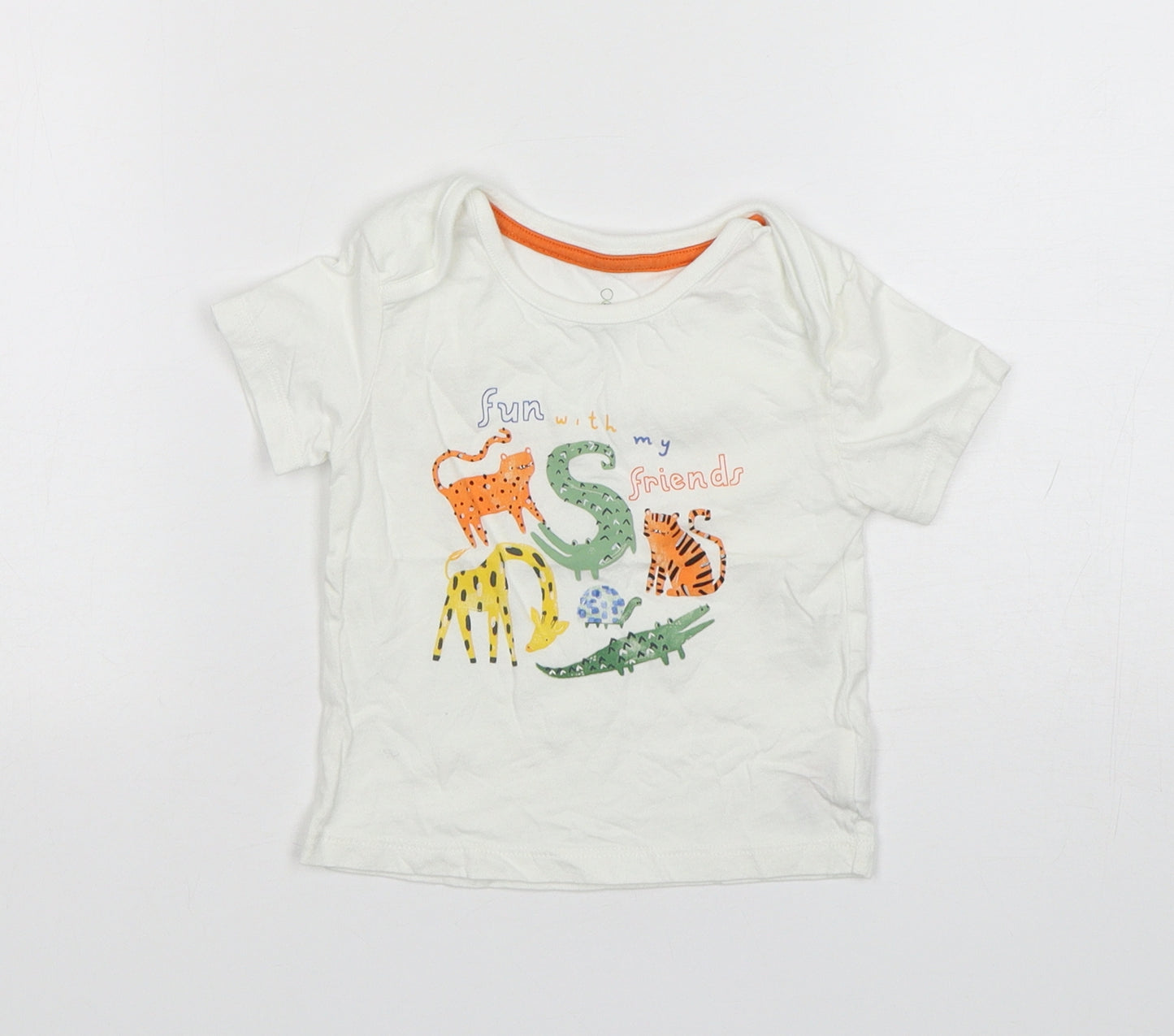 Mothercare Boys White Animal Print Cotton Basic T-Shirt Size 9-12 Months Round Neck