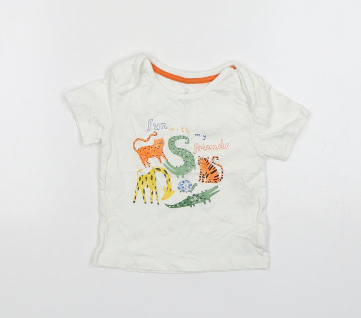 Mothercare Boys White Animal Print Cotton Basic T-Shirt Size 9-12 Months Round Neck