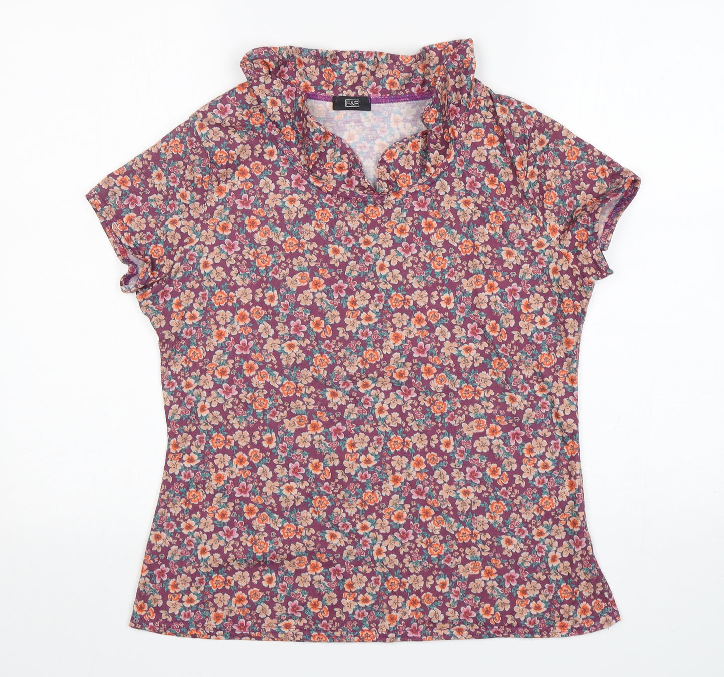 F&F Womens Multicoloured Floral Polyester Basic T-Shirt Size 14 Round Neck