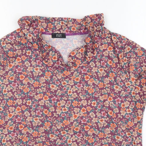 F&F Womens Multicoloured Floral Polyester Basic T-Shirt Size 14 Round Neck