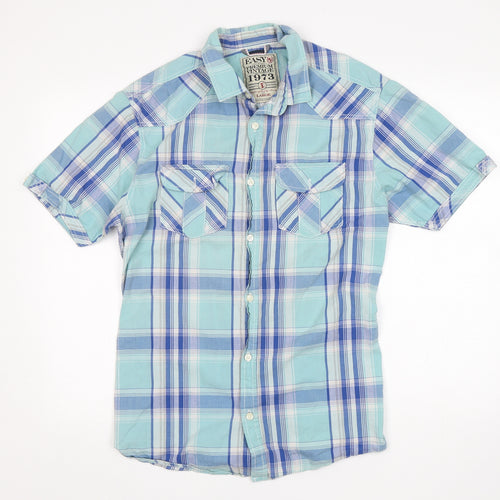 Easy Mens Blue Plaid Cotton  Button-Up Size L Collared