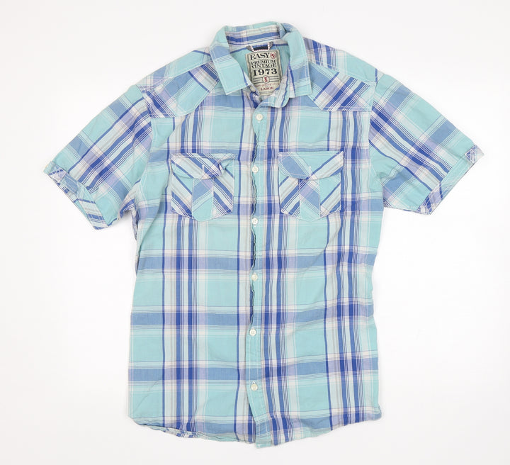 Easy Mens Blue Plaid Cotton  Button-Up Size L Collared