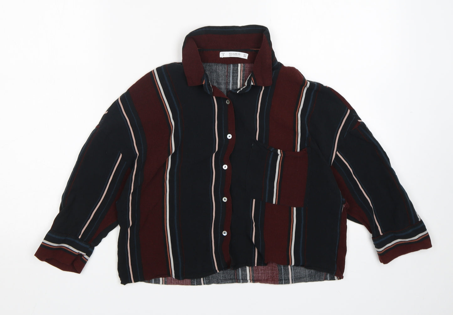Pull & Bear Womens Multicoloured Striped Viscose Cropped Button-Up Size S Collared