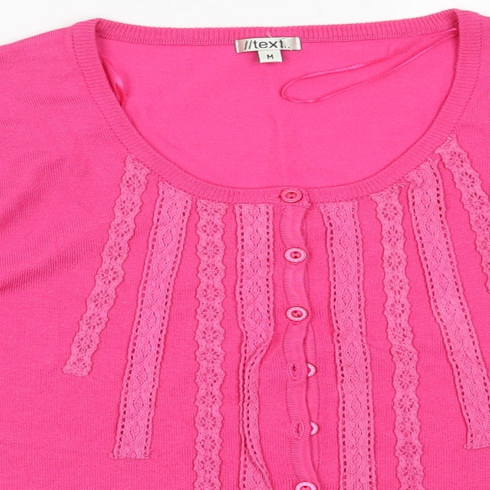 text Womens Pink Crew Neck Fair Isle Viscose Cardigan Jumper Size M