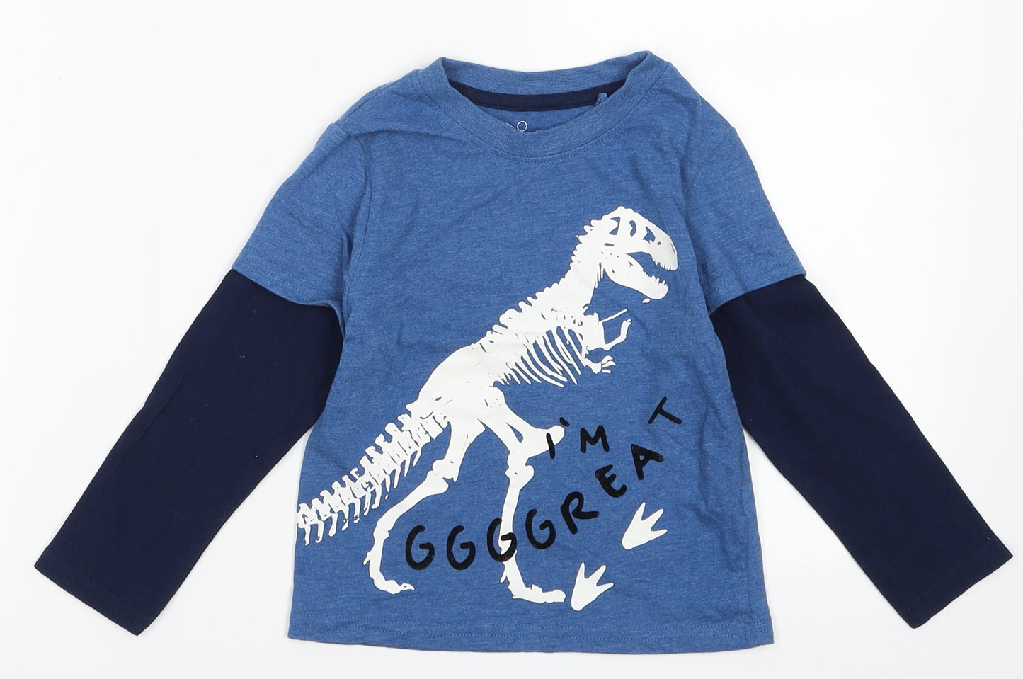 hulabaloo Boys Blue  Cotton Basic Casual Size 2-3 Years Crew Neck Pullover - Dinosaur