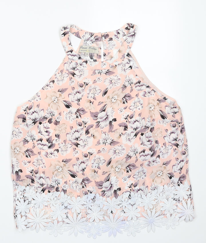 PARISIAN SIGNATURE Womens Pink Floral Polyester Basic Blouse Size 16 Crew Neck