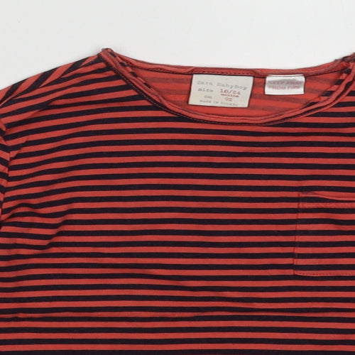 Zara Boys Red Striped Cotton Basic Casual Size 18-24 Months Crew Neck Button