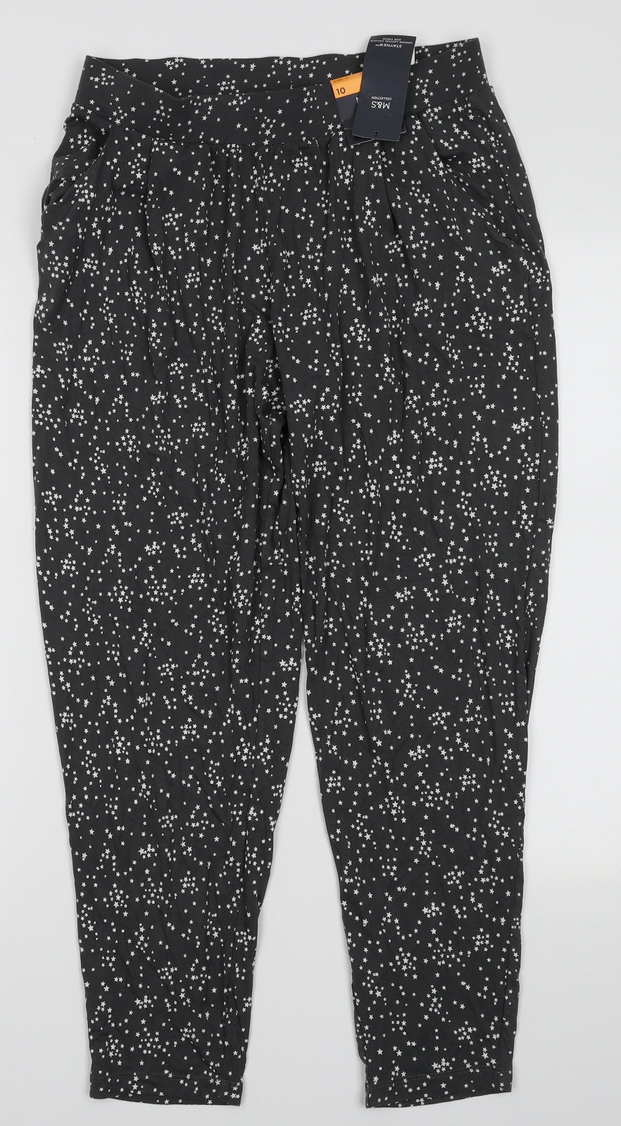 Marks and Spencer Womens Grey Geometric Viscose Trousers  Size 10 L28 in Relaxed  - Star Pattern