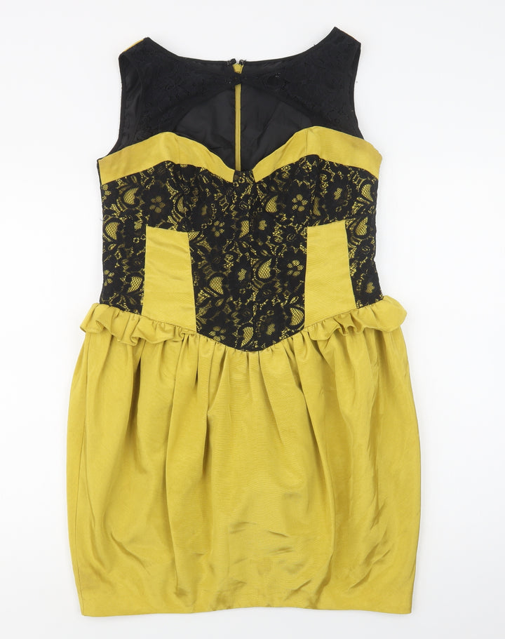 Dorothy Perkins Womens Yellow  Polyester Shift  Size 12  Round Neck Zip - Lace Detail