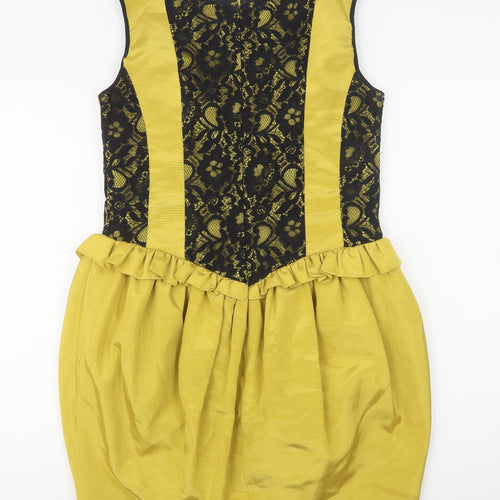 Dorothy Perkins Womens Yellow  Polyester Shift  Size 12  Round Neck Zip - Lace Detail