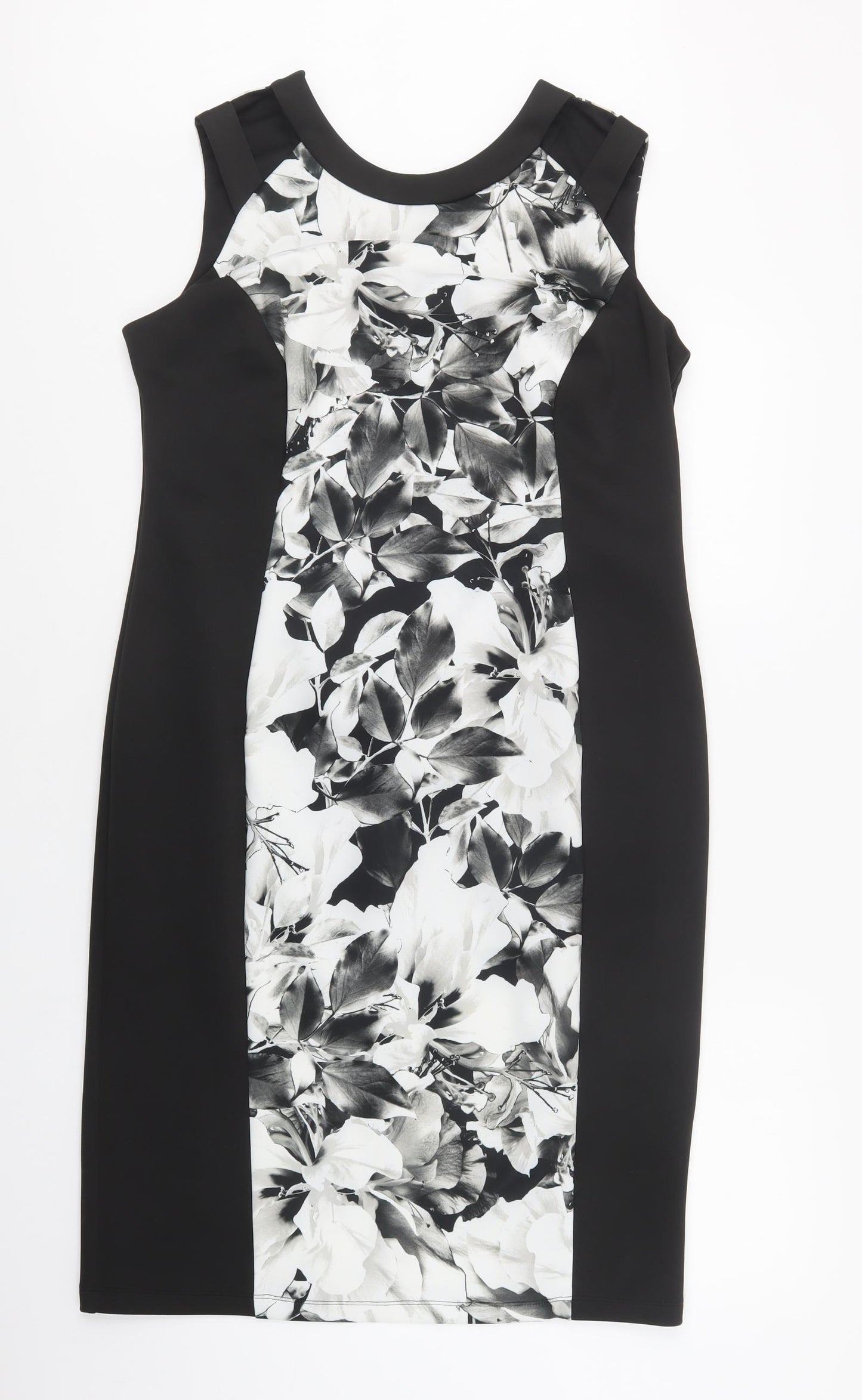 M&S Womens Black Floral Polyacrylate Fibre Pencil Dress  Size 16  Round Neck Zip