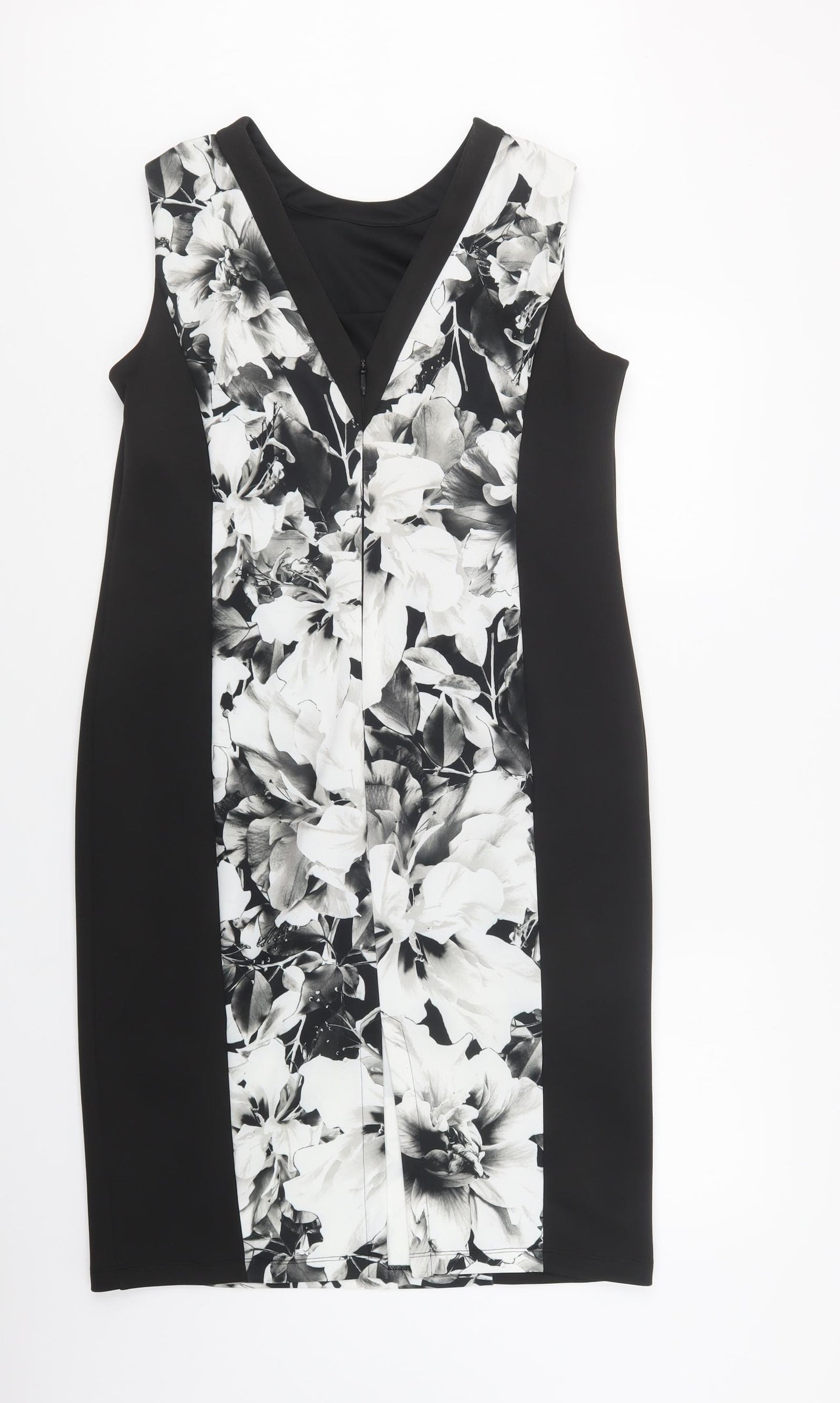 M&S Womens Black Floral Polyacrylate Fibre Pencil Dress  Size 16  Round Neck Zip