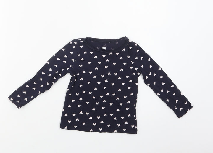 H&M Girls Blue Geometric Cotton Basic Polo Size 2 Years Crew Neck - Heart Print