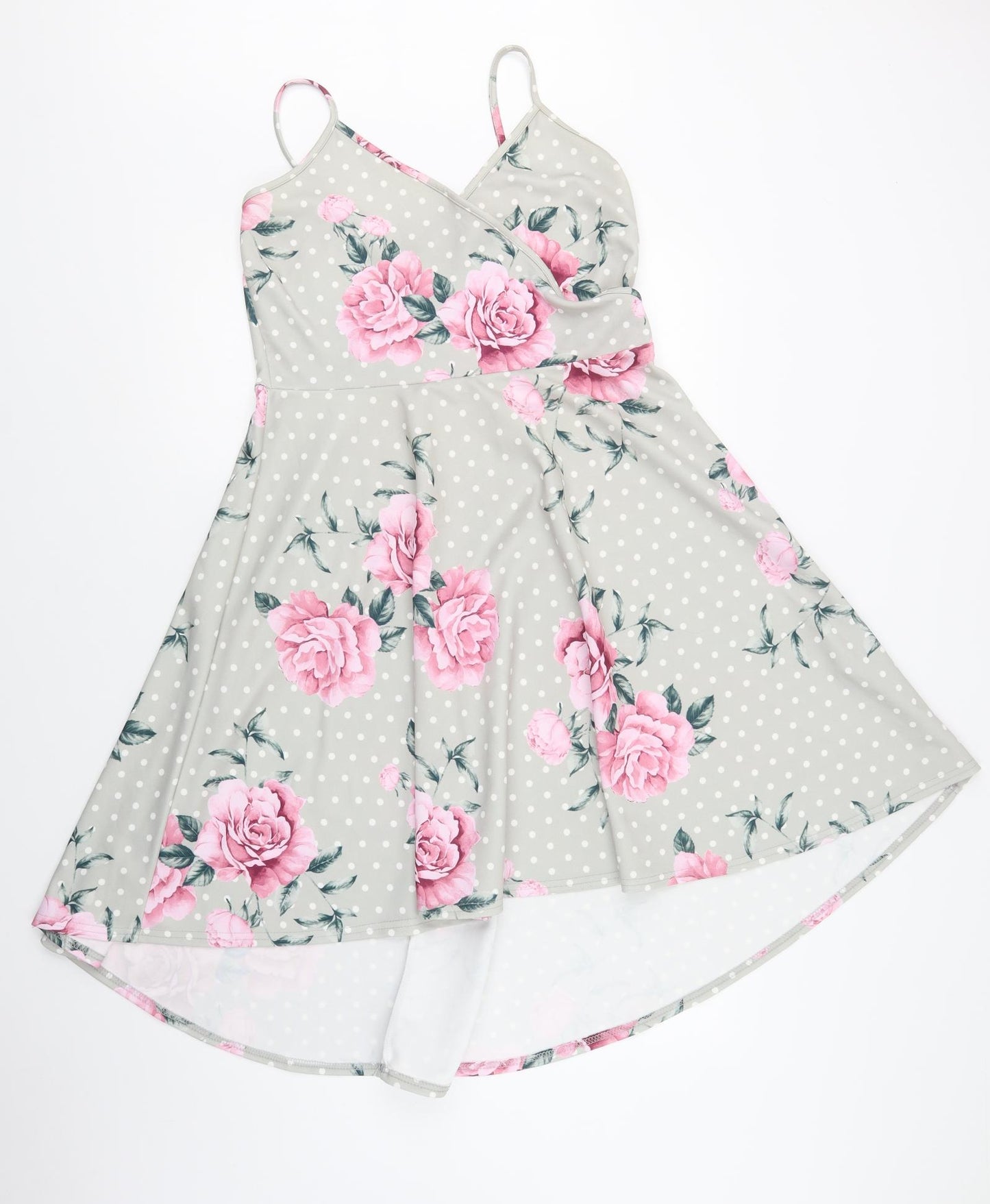 Quiz Womens Grey Floral Polyacrylate Fibre Fit & Flare  Size 16  V-Neck