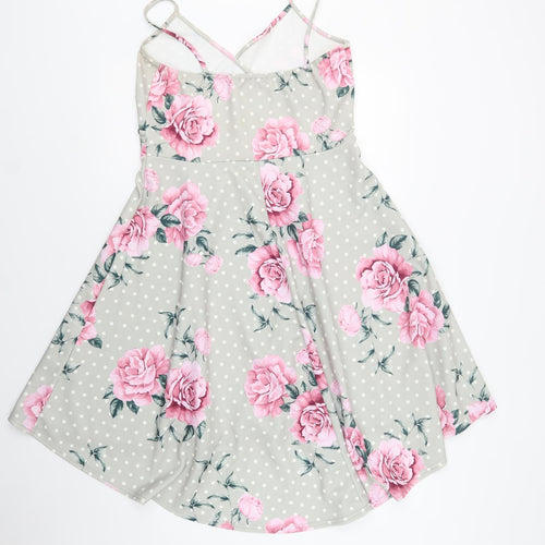 Quiz Womens Grey Floral Polyacrylate Fibre Fit & Flare  Size 16  V-Neck