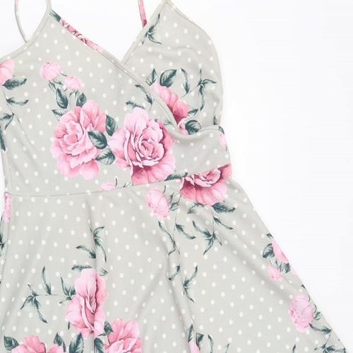 Quiz Womens Grey Floral Polyacrylate Fibre Fit & Flare  Size 16  V-Neck