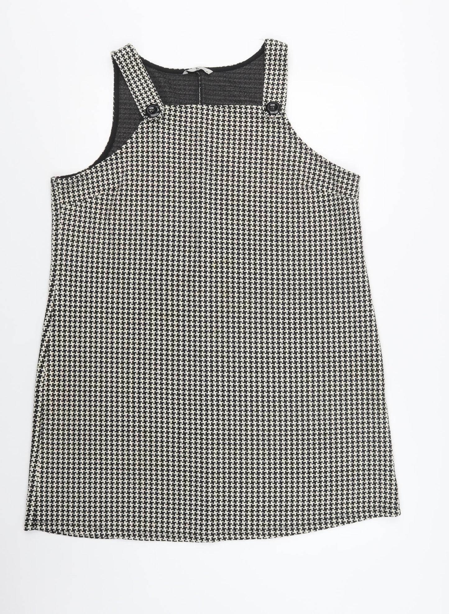 TU Womens Black Houndstooth Cotton Pinafore/Dungaree Dress  Size 20  Square Neck Button