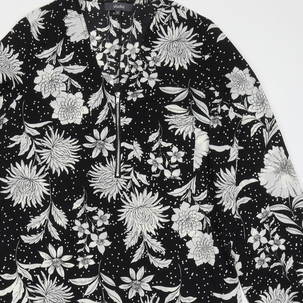 Studio Womens Black Floral Polyester Shift  Size 12  V-Neck Pullover