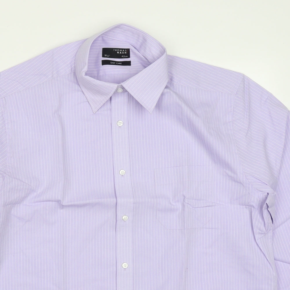 Thomas Nash Mens Purple Striped Polyester  Dress Shirt Size 16.5 Collared Button