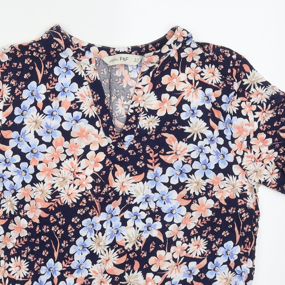 F&F Womens Multicoloured Floral Viscose Basic T-Shirt Size 8 V-Neck