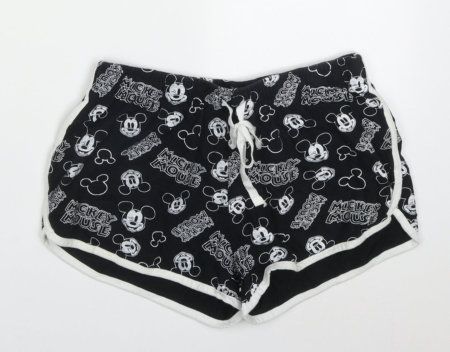 Primark Womens Black  Cotton Sweat Shorts Size 10  Regular Drawstring - Mickey Mouse Pyjama Shorts