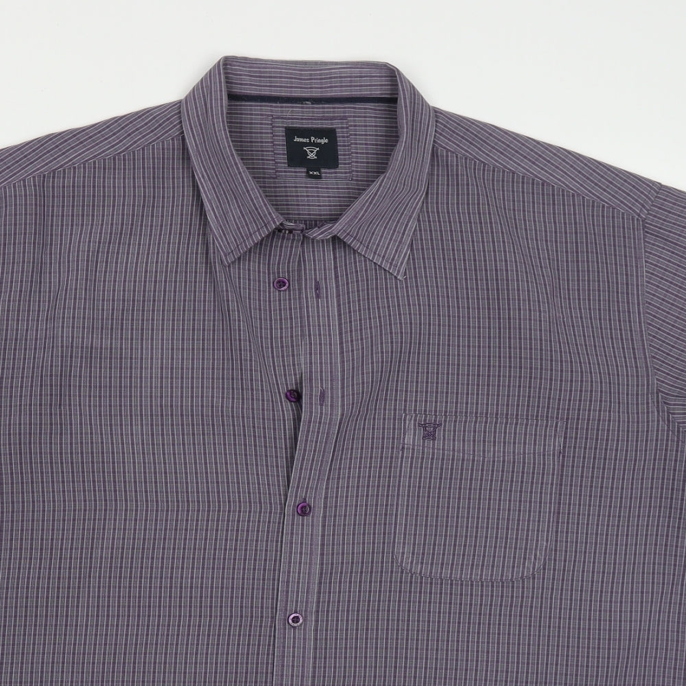 James Pringle Mens Purple Check Polyester  Button-Up Size 2XL Collared Button