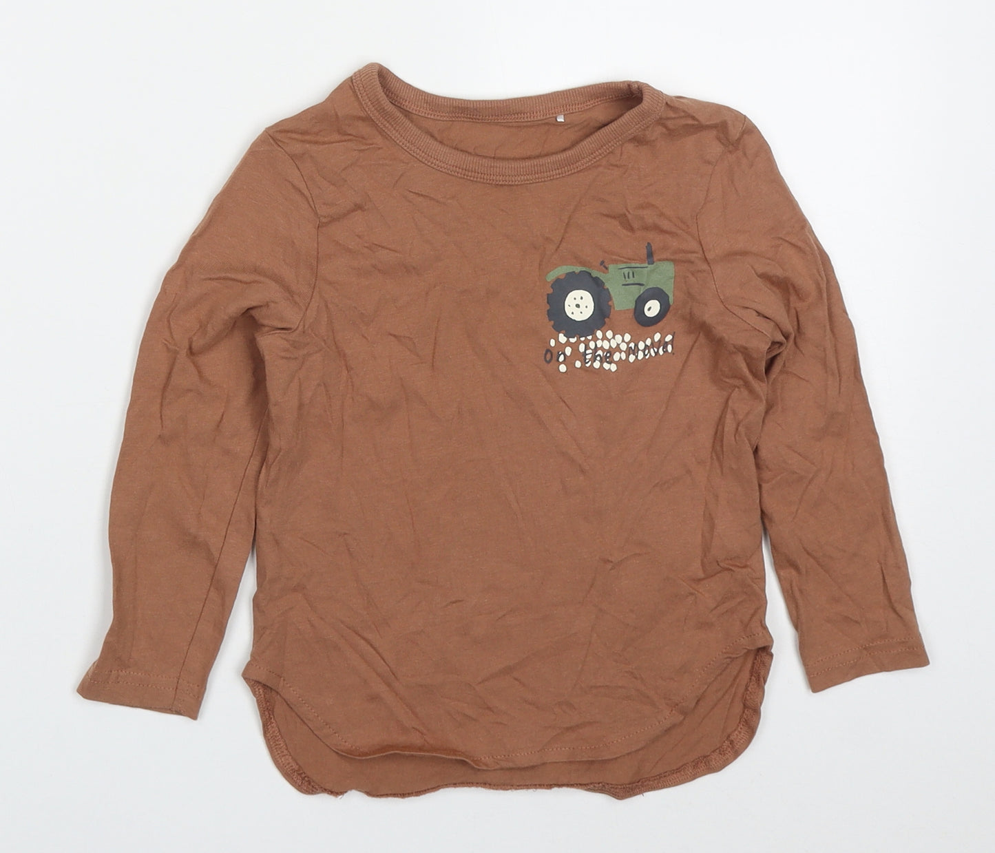George Boys Brown  Cotton Basic T-Shirt Size 2-3 Years Crew Neck Pullover - Tractor On The Move