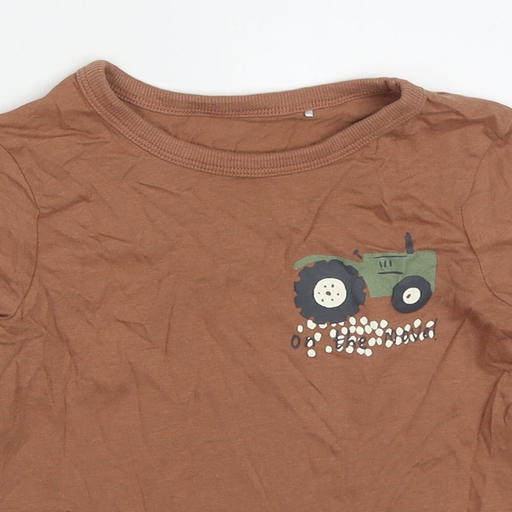 George Boys Brown  Cotton Basic T-Shirt Size 2-3 Years Crew Neck Pullover - Tractor On The Move