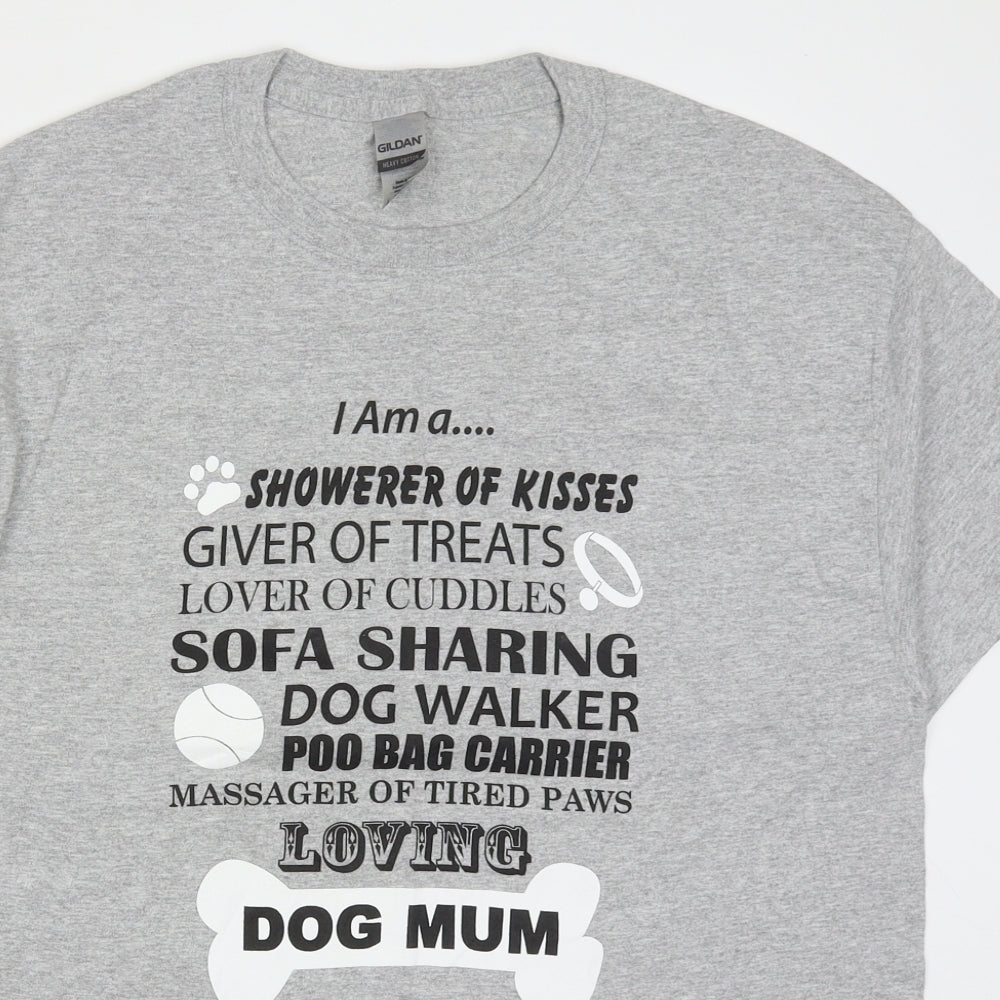 Gildan Womens Grey  Cotton Basic T-Shirt Size L Crew Neck - Dog Mum
