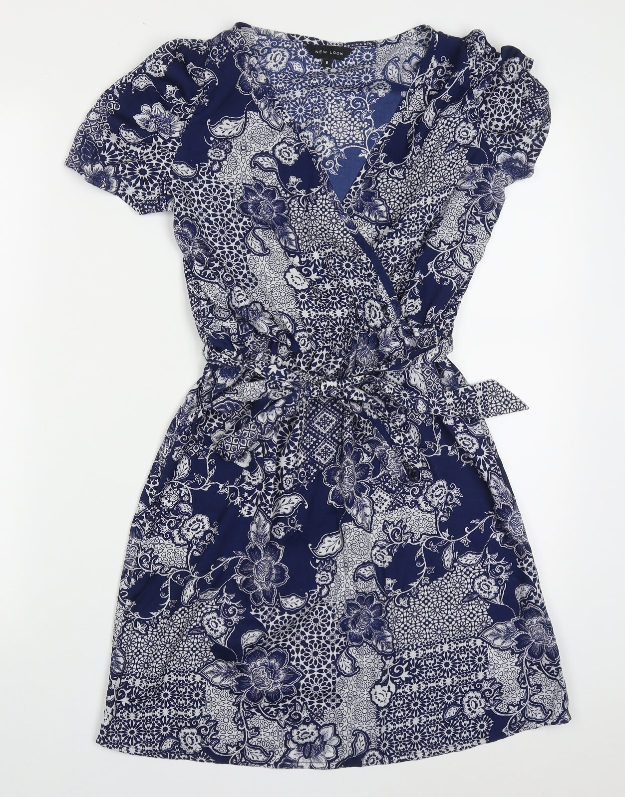 New Look Womens Blue Geometric Polyester Skater Dress  Size 8  V-Neck Pullover