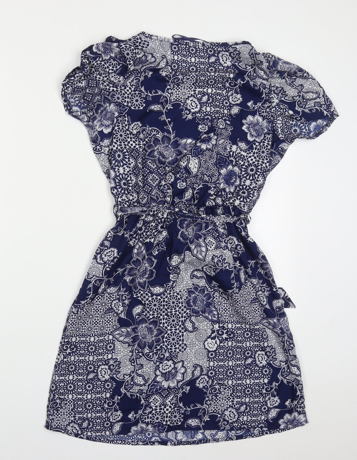 New Look Womens Blue Geometric Polyester Skater Dress  Size 8  V-Neck Pullover