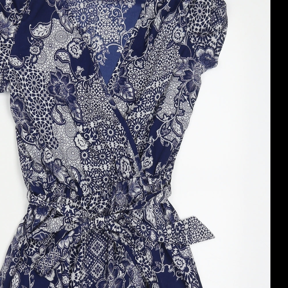 New Look Womens Blue Geometric Polyester Skater Dress  Size 8  V-Neck Pullover
