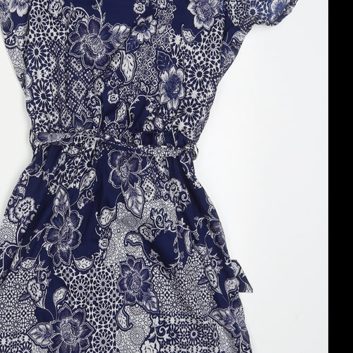 New Look Womens Blue Geometric Polyester Skater Dress  Size 8  V-Neck Pullover
